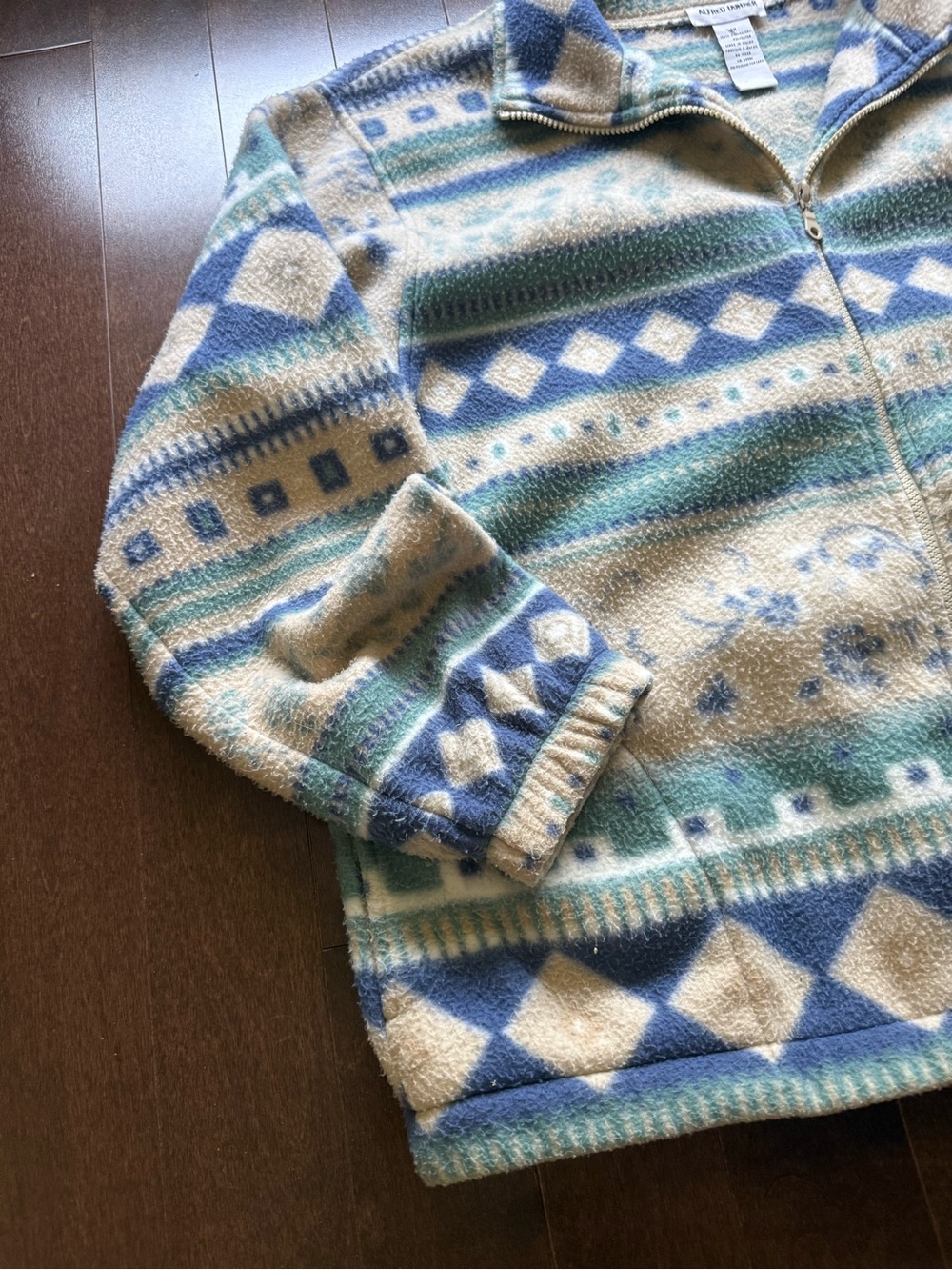 Vintage Alfred Dunner Aztec Fleece Full Zip Sweater Jacket Blue Cream XL - Picture 2 of 6